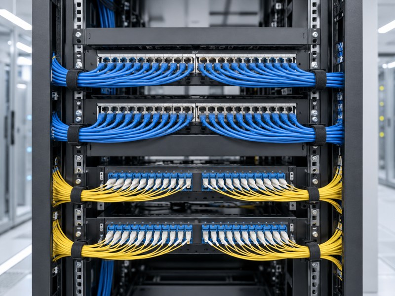Cableado de cobre y fibra óptica en un centro de procesamiento de datos